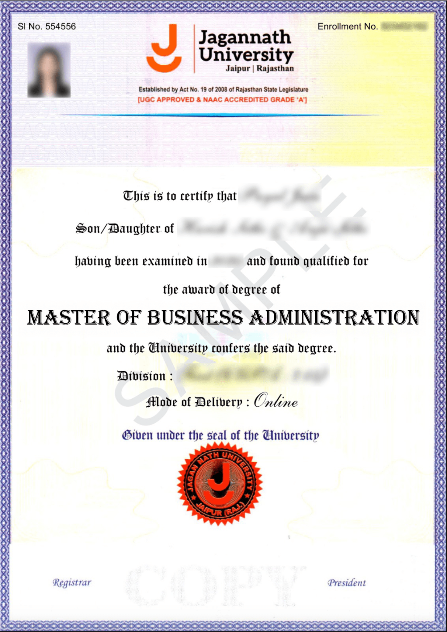 Sample Degree Certificate
