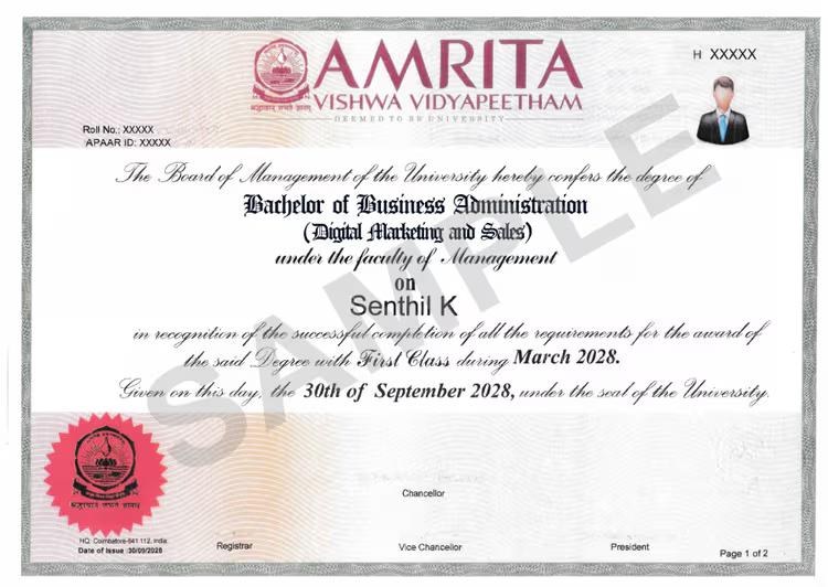 Sample Degree Certificate