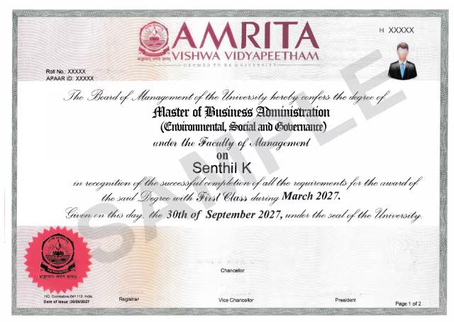 Sample Degree Certificate
