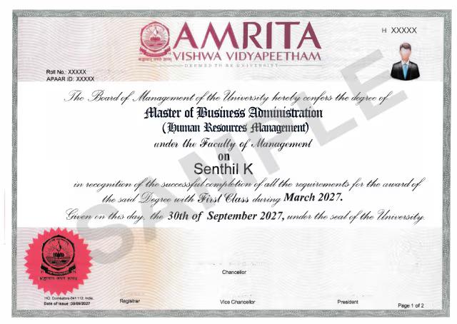 Sample Degree Certificate