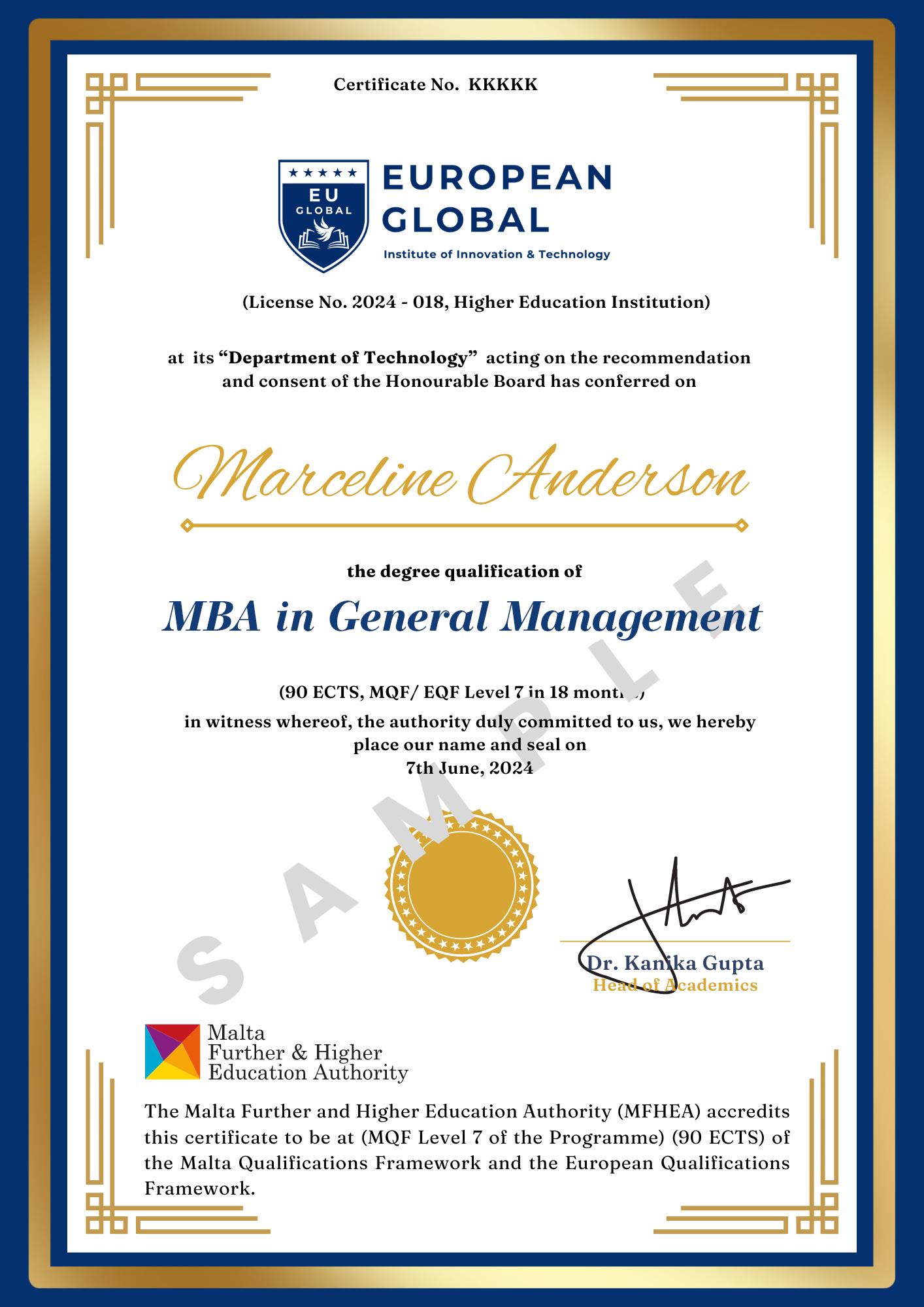 Sample Degree Certificate