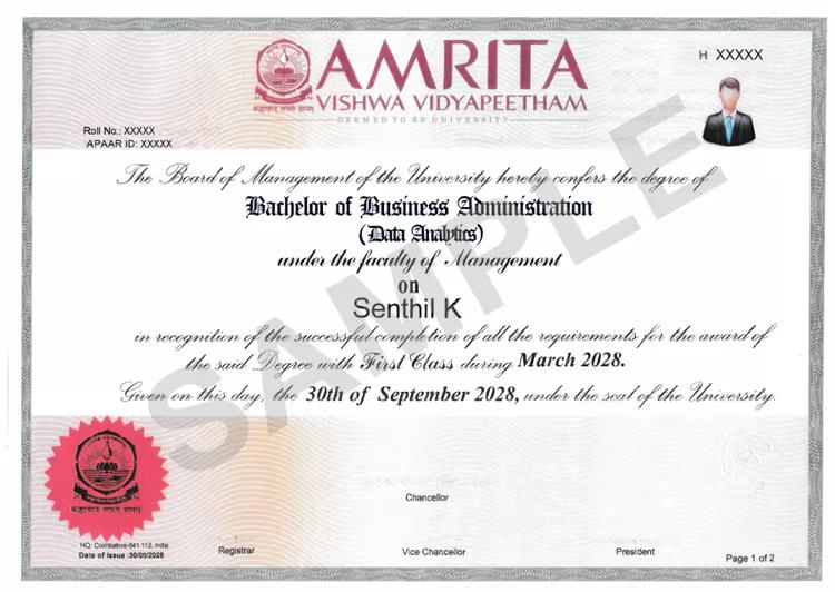 Sample Degree Certificate