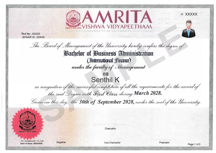 Sample Degree Certificate