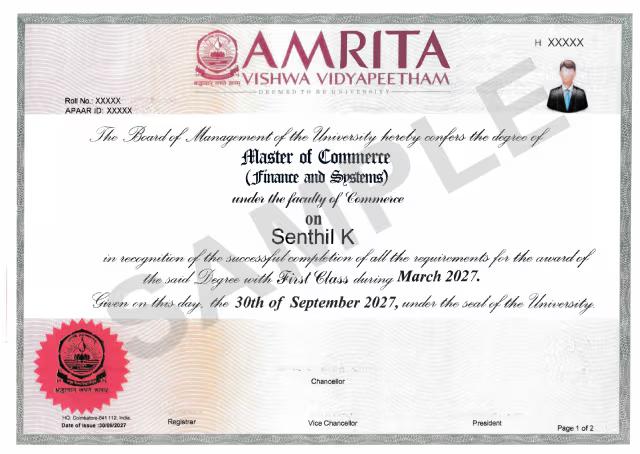 Sample Degree Certificate