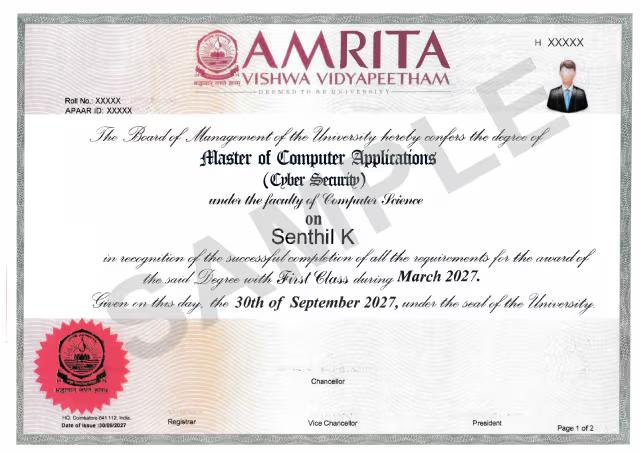 Sample Degree Certificate