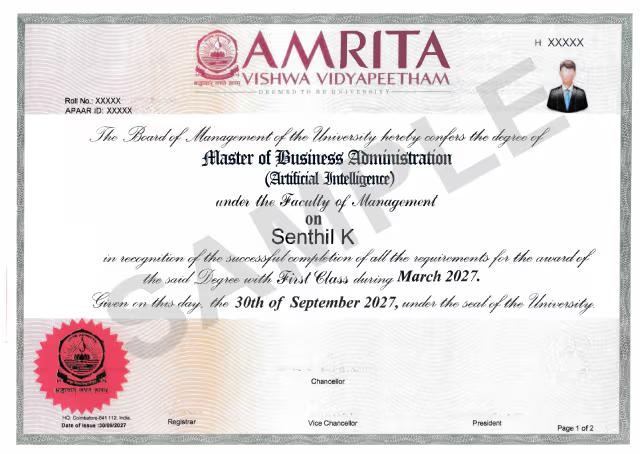 Sample Degree Certificate