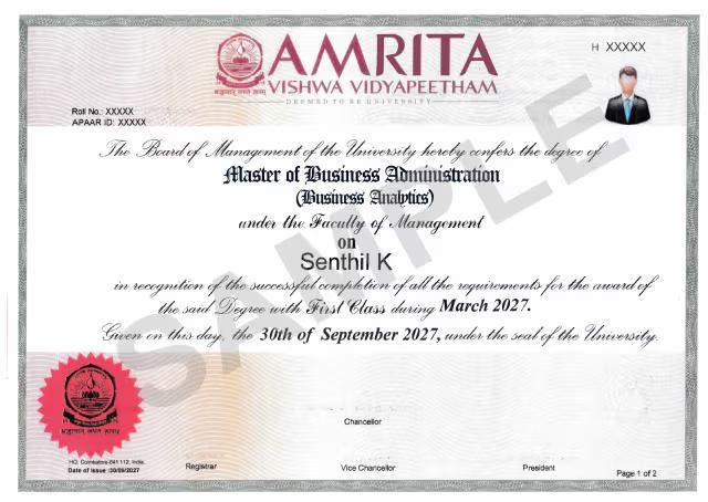 Sample Degree Certificate