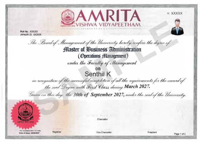 Sample Degree Certificate