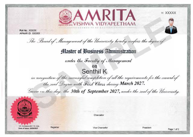Sample Degree Certificate