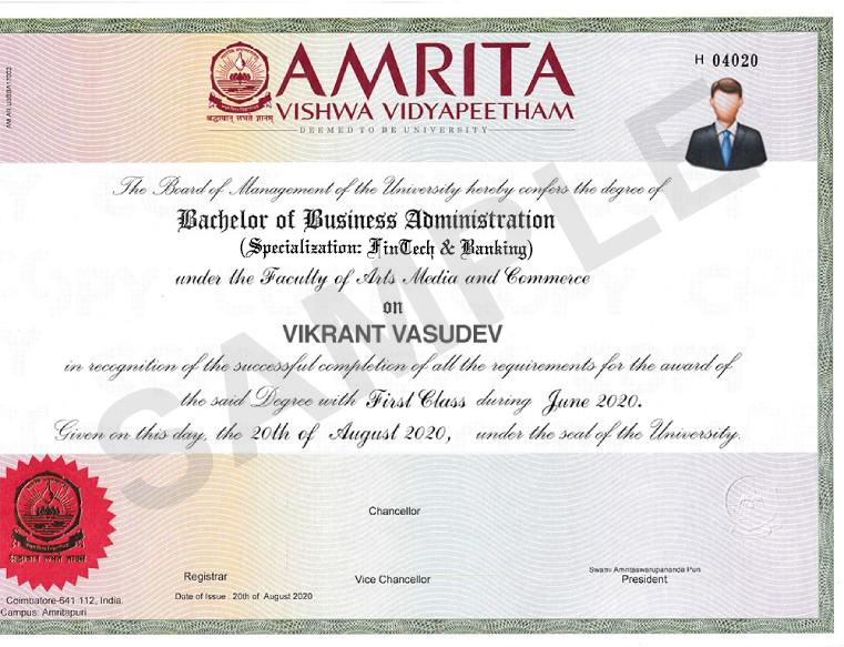 Sample Degree Certificate