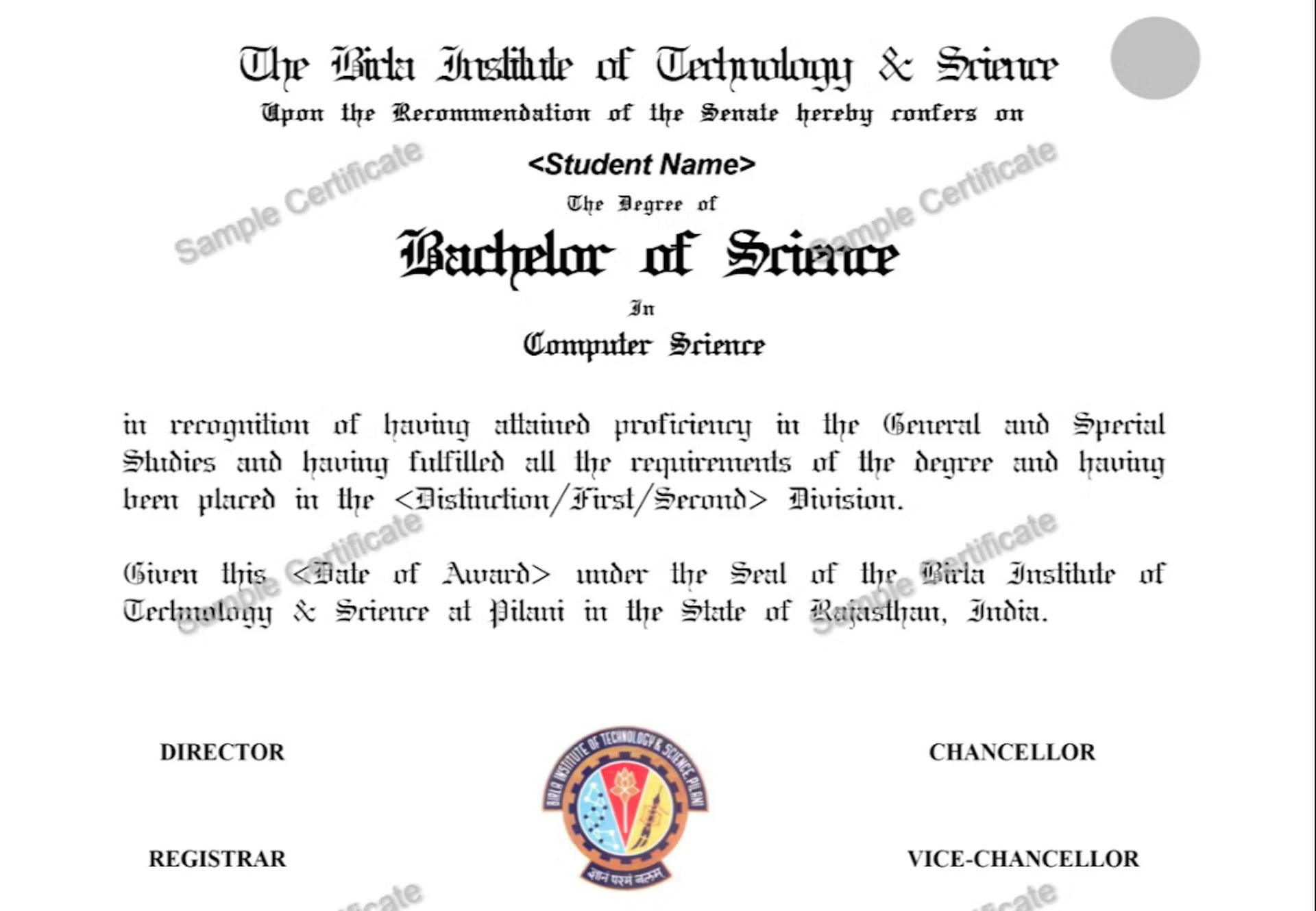 Sample Degree Certificate