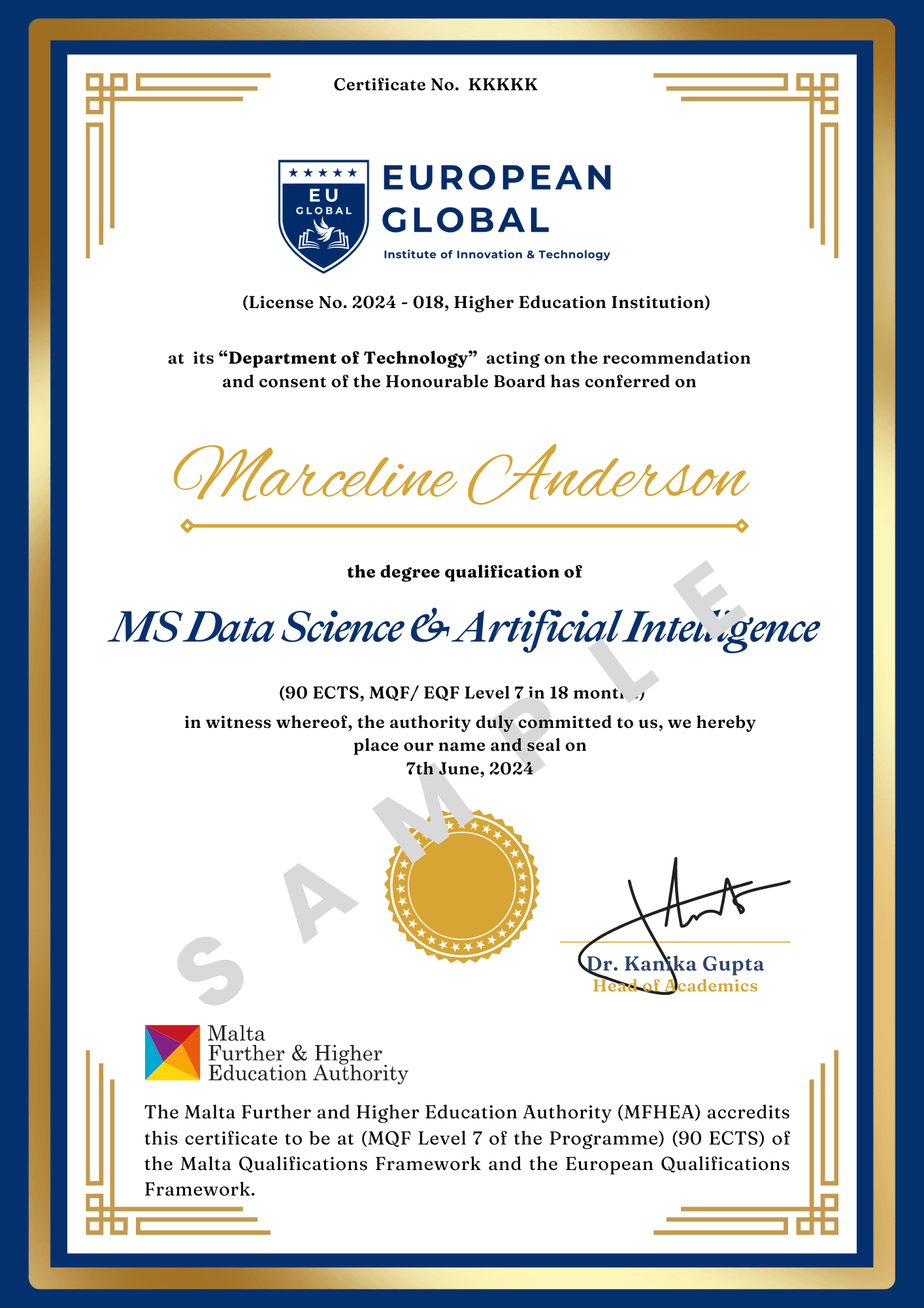 Sample Degree Certificate